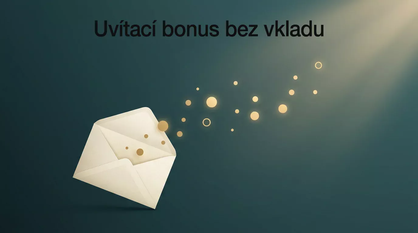Konceptuální ilustrace bonusu bez vkladu — otevřená obálka s drobnými geometrickými prvky symbolizujícími free spiny a kredity zdarma.