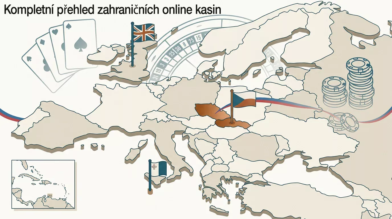 Editorial koláž symbolizující zahraniční online casina dostupná českým hráčům — mapa Evropy s vyznačenými licenčními jurisdikcemi a vrstvou herních prvků.