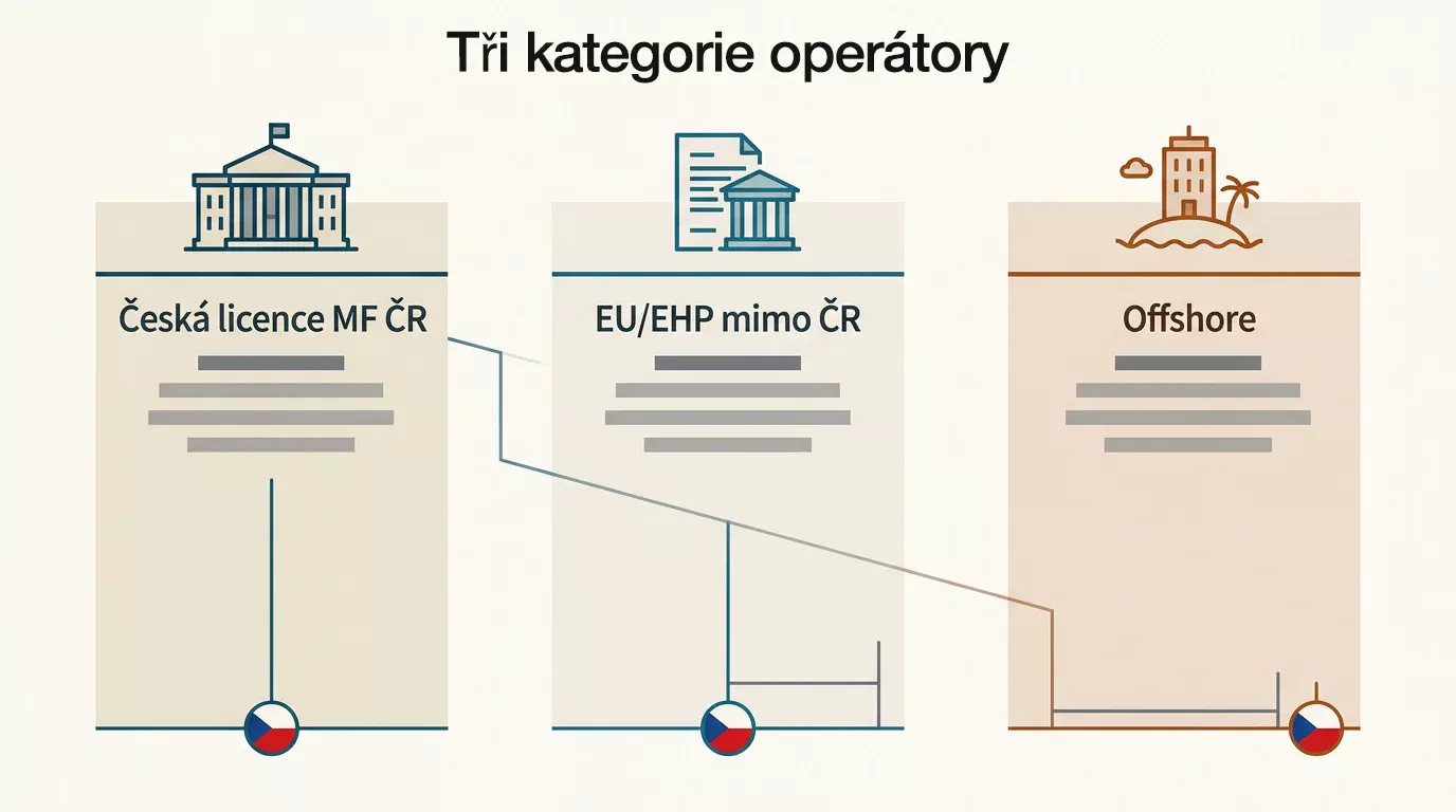 Diagram rozdělující operátory na tři kategorie podle licence: česká MF ČR, EU mimo ČR a offshore.
